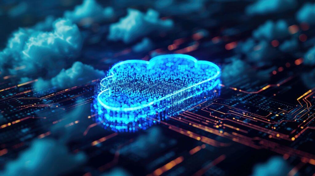 Ein digitales Cloud-Symbol über einer vernetzten Platine. Device Management in der Cloud optimiert die Effizienz und Sicherheit von Unternehmensdaten und -geräten.