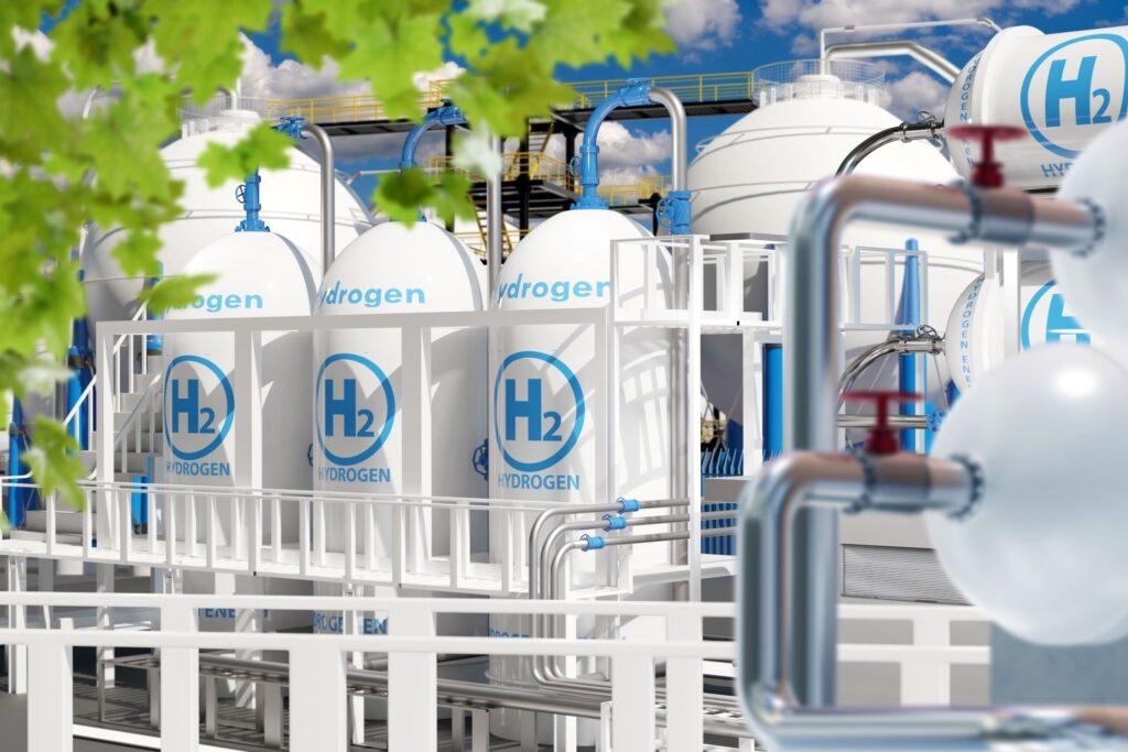 Wasserstoffanlage. H2-Gas in Hochdrucktanks. Innovatives Wasserstoff-Elektrizitätswerk. Außenansicht eines modernen Industriegebäudes. Wasserstoffproduktionsanlage. Ökologische Produktion. 3D Bild